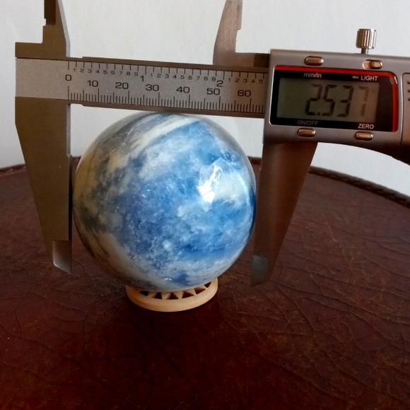 Blue calcite crystal sphere. 422g. Approx 2.6" width. 8.5" circumference. New. - Picture 7 of 7